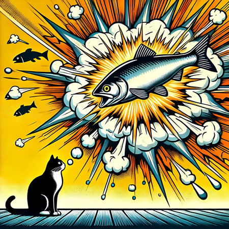 Cat and fish in the background of the explosion. Vector illustration.の素材