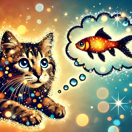 Cute cat and fish on the background of the night sky.の素材