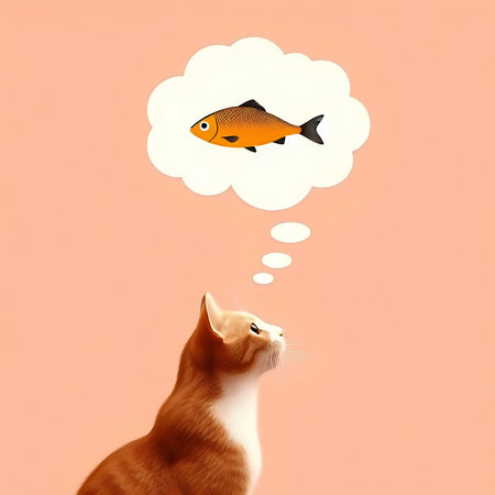 Cat dreaming about a fish in a thought bubble above his head.の素材