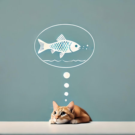 Cat looking at fish symbol above head on blue background with empty spaceの素材