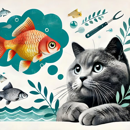 Cat and goldfish on the background of the sea. vector illustrationの素材