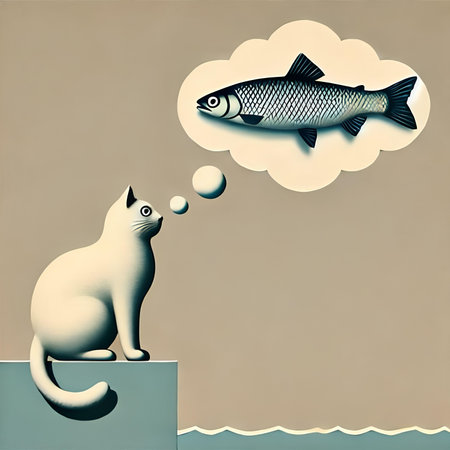 Cat and fish in the clouds. Illustration. Retro style.の素材