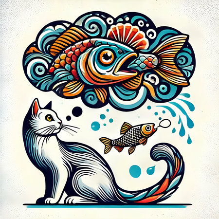 Hand drawn vector illustration of a cat and fish in the sea.の素材