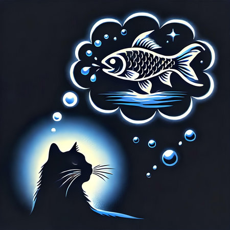 Illustration of a cat and a fish on a dark background.の素材