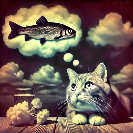 Cat and fish on the background of the cloudy sky with clouds.の素材
