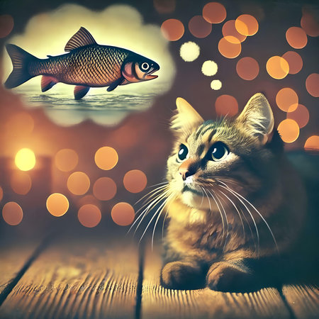Cute cat and fish on a background of the night sky.の素材
