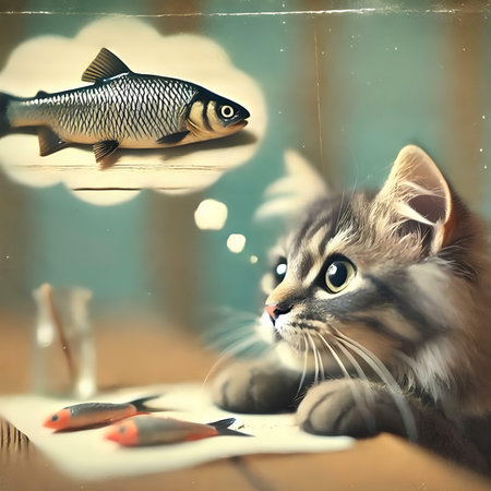 Cat and fish in the aquarium. Retro style. Toned.の素材