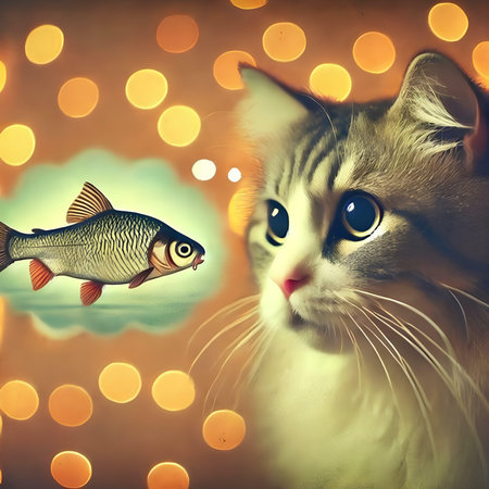 Cat and fish on bokeh background. Photo in old color image style.の素材