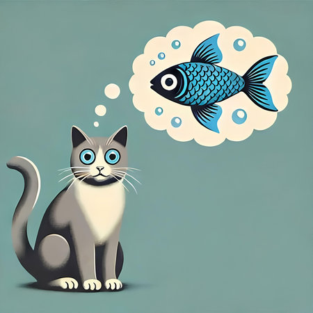 Illustration of a cat thinking about a fish in a thought bubbleの素材