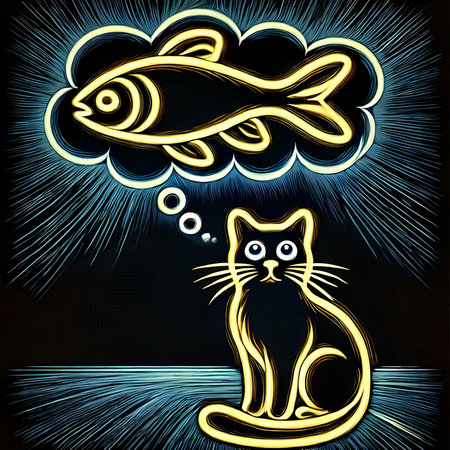 Illustration of a cat and a fish on a dark background.の素材