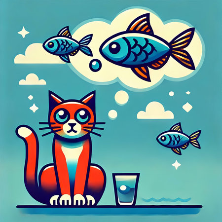 Cat and fish in the sky. Vector illustration of a cat and fish.の素材