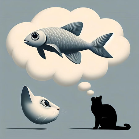 Cat and fish in the clouds. Vector illustration. Eps 10.の素材
