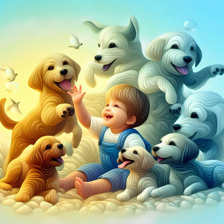 Children playing with dogs. Illustration of a boy and dogs.の素材