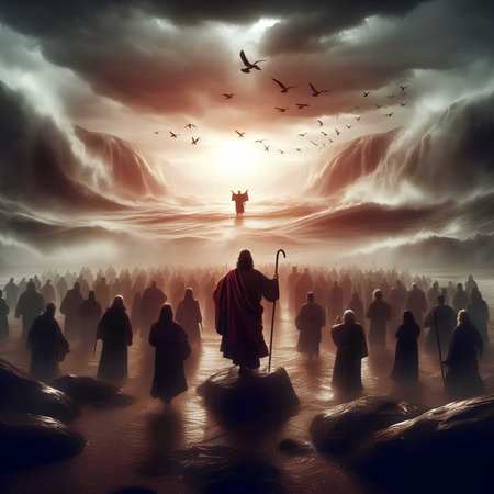 Mystical landscape with a monk and flock of birds at sunsetの素材