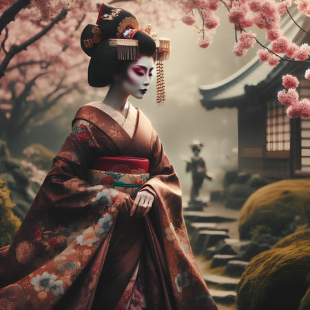 Beautiful Japanese geisha with sakura cherry blossom background.の素材