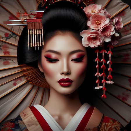 Beautiful asian woman in traditional kimono with fan.の素材