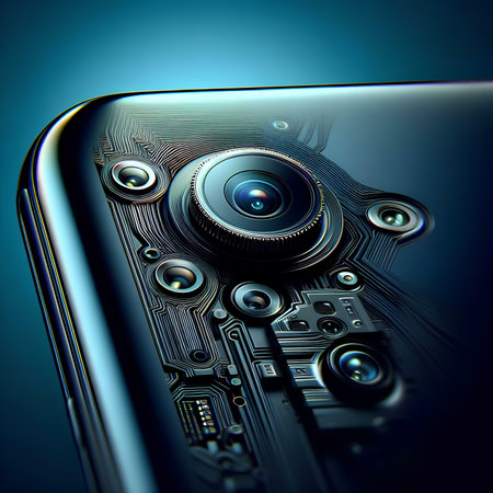 smartphone with camera on a blue background. 3d illustration.の素材