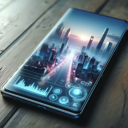 Smartphone with city and financial graph on screen. 3d renderingの素材