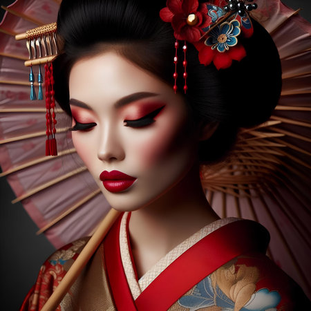 Beautiful geisha with red lips in kimono and fanの素材