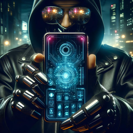 Cyborg using his mobile phone in the city. 3D renderingの素材