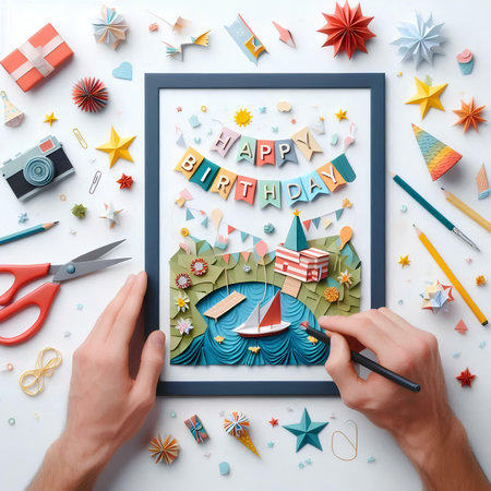 Top view of hands holding tablet with happy birthday card on white backgroundの素材