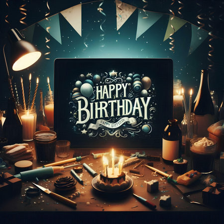 Happy Birthday greeting card on laptop screen. Vintage style toned pictureの素材