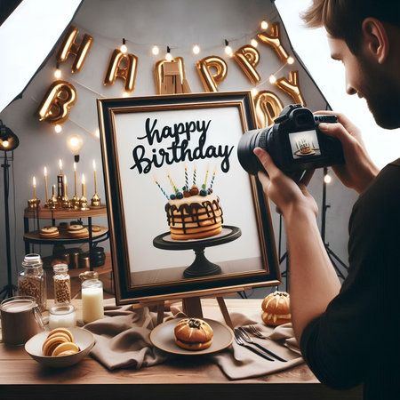 Handsome young man in black t-shirt is photographing birthday cake with photo frame.の素材