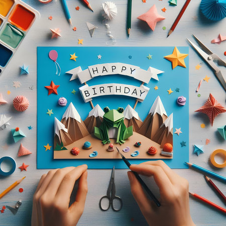 Hands making greeting card with happy birthday lettering, top viewの素材