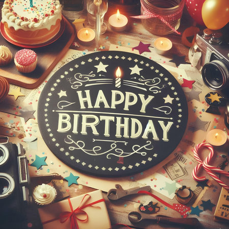 Happy Birthday Greeting Card Concept. Vintage Camera, Cake, Gift Box, Candy Cane, Balloons and Candleの素材