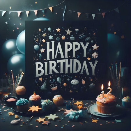 Happy Birthday Greeting Card. Colorful Cupcakes, Party Decorations, Candles and Blackboard with Happy Birthday Letteringの素材