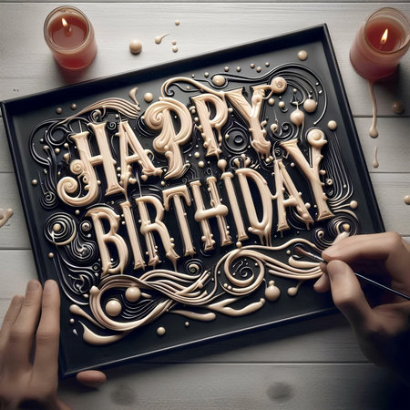 Happy Birthday lettering on black plate with candles on white wooden backgroundの素材