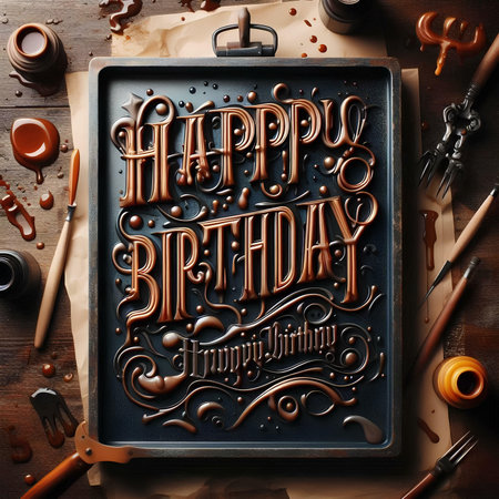 Happy birthday card with calligraphic lettering and decoration on wooden backgroundの素材