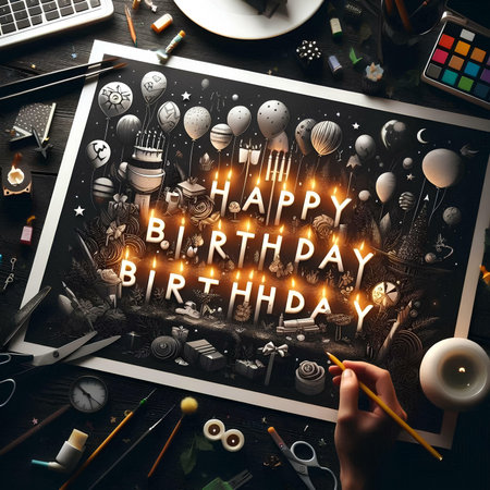 Happy birthday greeting card. Top view of female hand drawing happy birthday lettering on chalkboard. Celebration conceptの素材