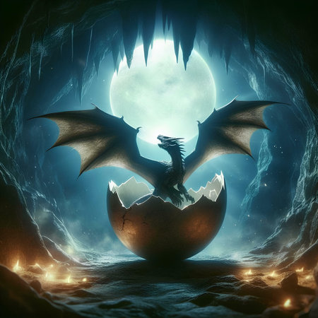 dragon emerging from an egg in the dark cave. 3d renderの素材