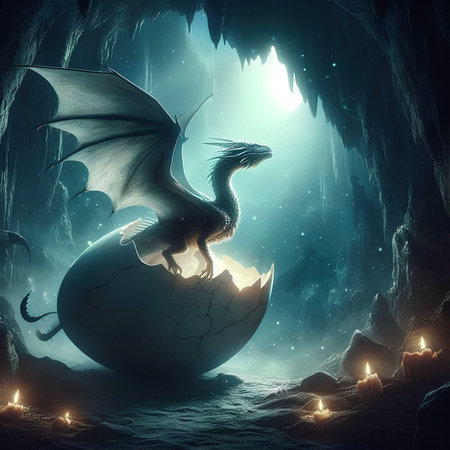 Dragon coming out of an egg in the dark cave. 3D renderingの素材