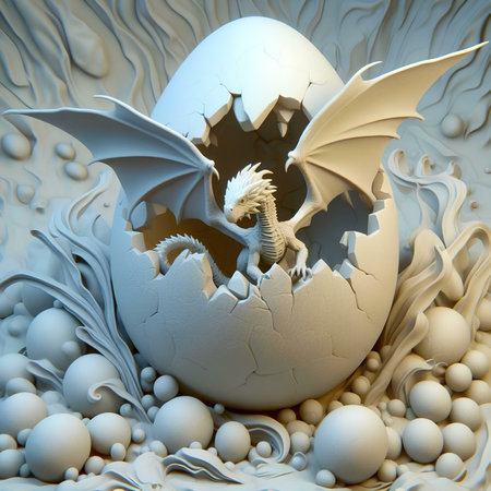 3d rendering of a dragon inside an egg with a white backgroundの素材