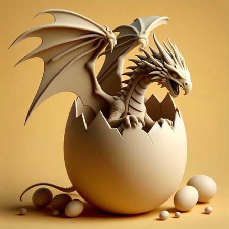 3d rendering of a dragon coming out of an egg shell.の素材