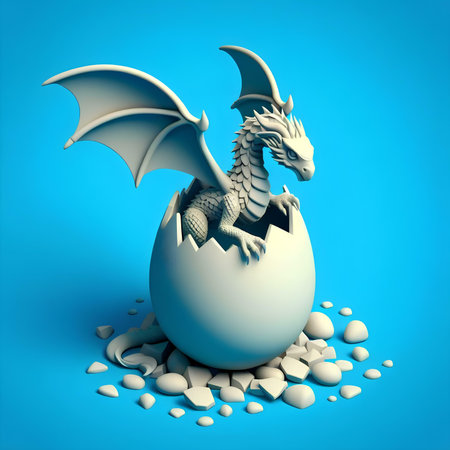 Dragon coming out of an eggshell - 3d render on blue backgroundの素材