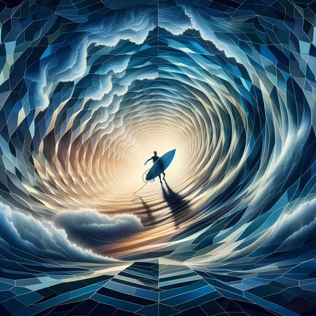 Surfing the sun with a surfboard in a tunnel of cloudsの素材
