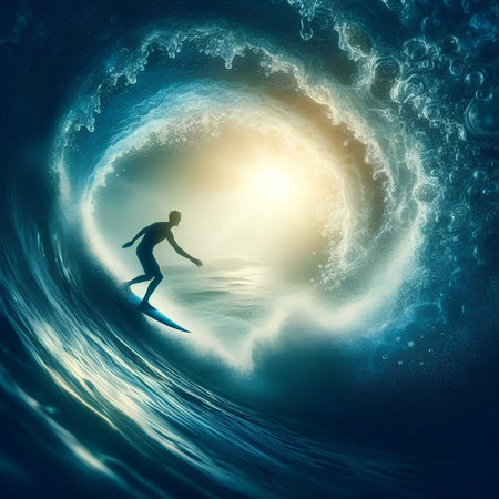 Surfer on the wave. 3d illustration. Blue background.の素材