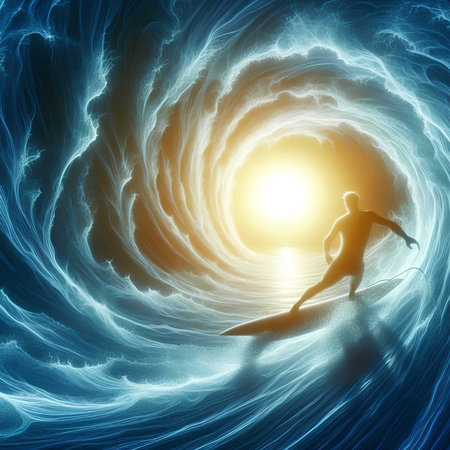 Surfer on a surfboard in the sea. 3D renderingの素材