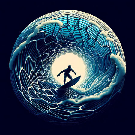 Surfer with surfboard in the ocean. 3D illustration.の素材