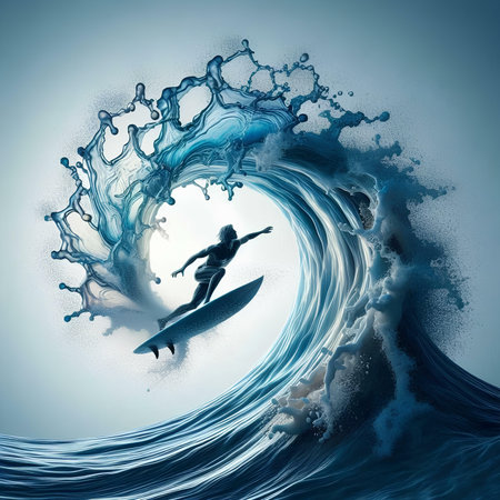 Surfer on blue ocean wave. 3D rendering and illustrationの素材