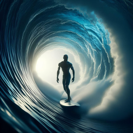 Surfer in ocean. 3D rendered Illustration of a Surfer.の素材