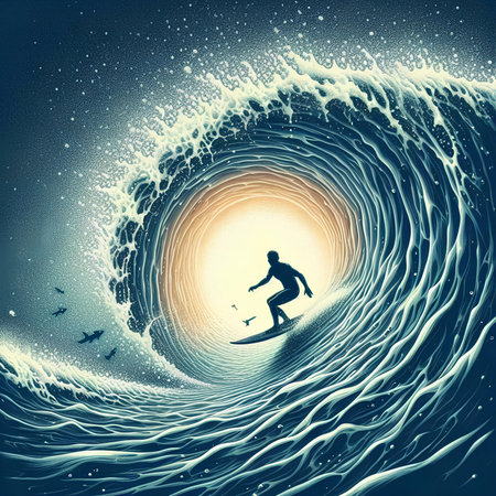 Surfer in the ocean. Surfer on a wave. vector illustrationの素材