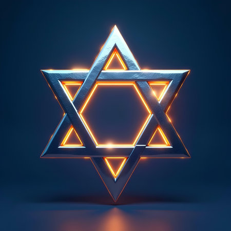 Star of David. Glowing neon symbol isolated on blue background. 3d renderingの素材