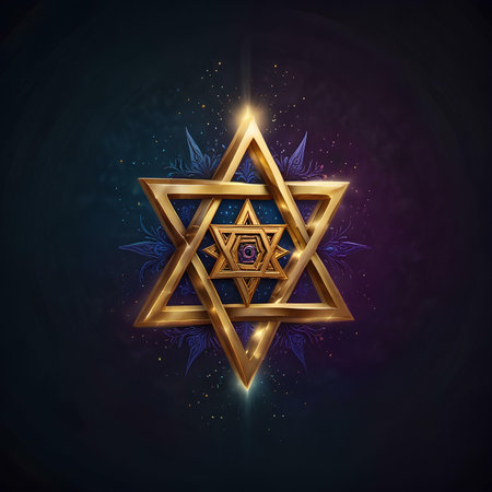 Vector illustration of Star of David with golden ornament on dark background.の素材