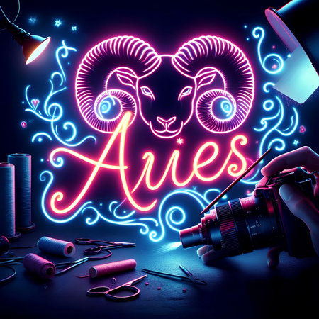 Aries zodiac sign in neon style. Zodiac symbol of the year.の素材