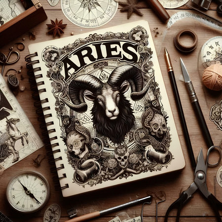 Aries zodiac sign, sketchbook, compass and other accessoriesの素材