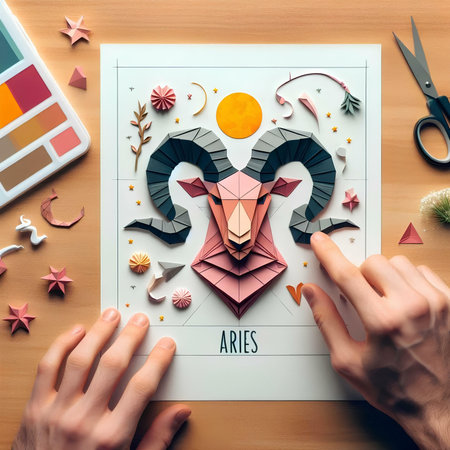 Top view of female hands drawing zodiac sign Aries on paper sheet over wooden tableの素材